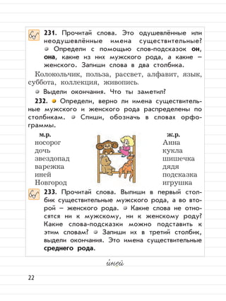 22
и,
ней
231. Прочитай слова. Это одушевлённые или
неодушевлённые имена существительные?
Определи с помощью слов-подсказок он,
она, какие из них мужского рода, а какие –
женского. Запиши слова в два столбика.
Колокольчик, польза, рассвет, алфавит, язык,
суббота, коллекция, живопись.
Выдели окончания. Что ты заметил?
232. Определи, верно ли имена существитель-
ные мужского и женского рода распределены по
столбикам. Спиши, обозначь в словах орфо-
граммы.
м.р. ж.р.
носорог Анна
дочь кукла
звездопад шишечка
варежка дядя
иней подсказка
Новгород игрушка
233. Прочитай слова. Выпиши в первый стол-
бик существительные мужского рода, а во вто-
рой – женского рода. Какие слова не отно-
сятся ни к мужскому, ни к женскому роду?
Какие слова-подсказки можно подставить к
этим словам? Запиши их в третий столбик,
выдели окончания. Это имена существительные
среднего рода.
 