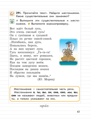 63
291. Прочитайте текст. Найдите местоимения.
Какие существительные они заменяют?
Выпишите эти существительные и место-
имения. Выполните взаимопроверку.
Вот идёт белый гусь,
Это очень смелый гусь!
Он с гусёнком и гусыней
Плыл по речке синей-синей.
...Изгибаясь, как дуга,
Показались берега,
А на них шумят луга.
Гусь воскликнул:
”
Га-га-га!
Здесь, я вижу, нет ромашек,
Не растёт цветной горошек,
Как на том лугу моём.
Поедим заморских мошек,
Поглядим на диких кошек
И обратно поплывём
На лужок, где мы живём...“
(Ю. Мориц)
Местоимение – самостоятельная часть речи.
Местоимения я, ты, вы, он, она, оно, мы, вы,
они не называют людей, животных или предме-
ты, а только указывают на них.
горо,
х
 