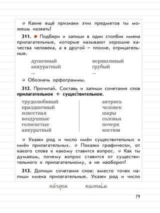 79
Какие ещё признаки этих предметов ты мо-
жешь назвать?
311. Подбери и запиши в один столбик имена
прилагательные, которые называют хорошие ка-
чества человека, а в другой – плохие, отрицатель-
ные.
душевный неряшливый
аккуратный грубый
.... ....
Обозначь орфограммы.
312. Прочитай. Составь и запиши сочетания слов
прилагательное + существительное.
трудолюбивый актриса
праздничный человек
известная шары
воздушные соловьи
голосистые почерк
аккуратный костюм
Укажи род и число имён существительных и
имён прилагательных. Покажи графически, от
какого слова к какому ставится вопрос. Как ты
думаешь, почему вопрос ставится от существи-
тельного к прилагательному, а не наоборот?
313. Допиши сочетания слов: вместо точек на-
пиши имена прилагательные. Укажи род и число
по,
черк костю,
м
 