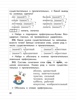 80
существительных и прилагательных. Какой вывод
ты можешь сделать?
лес (какой?) ... балкон (какой?) ...
озеро (какое?) ... комнаты (какие?) ...
лестница (какая?) ... правило (какое?) ...
сороки (какие?) ... лопата (какая?) ...
лопата, лопатка
Найди и подчеркни орфограммы-буквы без-
ударных гласных, не проверяемых ударением.
314. Какие имена существительные ты напишешь
вместо точек? Запиши сочетания слов, укажи род и
число существительных и прилагательных.
... (какой?) чудесный ... (какая?) известная
... (какое?) праздничное ... (какие?) окрестные
Найди и обозначь в именах прилагательных
знакомые орфограммы.
315. Составь сочетания слов сущ. + прил., из-
меняя окончания. Укажи род и число существи-
тельных и прилагательных.
яблоко, ароматный
сосед, замечательный
чувство, сильный
человек, молодой
суббота, рабочий
искусство, изобразительный
Обозначь в словах орфограммы.
 