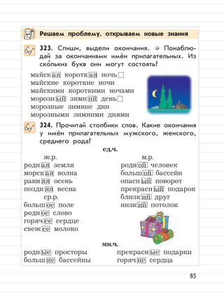 85
323. Спиши, выдели окончания. Понаблю-
дай за окончаниями имён прилагательных. Из
ско
,
льких букв они могут состоять?
майск ая коротк ая ночь
майские короткие ночи
майскими короткими ночами
морозн ый зимн ий день
морозные зимние дни
морозными зимними днями
324. Прочитай столбики слов. Какие окончания
у имён прилагательных мужского, женского,
среднего рода?
ед.ч.
ж.р. м.р.
родн ая земля родн ой человек
морск ая волна больш ой бассейн
ранн яя осень опасн ый поворот
поздн яя весна прекрасн ый подарок
ср.р. близк ий друг
больш ое поле низк ий потолок
родн ое слово
горяч ее сердце
свеж ее молоко
мн.ч.
родн ые просторы прекрасн ые подарки
больш ие бассейны горяч ие сердца
Решаем проблему, открываем новые знания
 