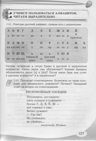 УЧИМСЯ ПОЛЬЗОВАТЬСЯ АЛФАВИТОМ.
1 ЧИТАЕМ ВЫРАЗИТЕЛЬНО
Р » - .....................................................— ...— ..................
248 Повтори русский алфавит, сравни его с украинским.
от .... ... ..—
А Б В Г д Е Ё 3 И Й
а бэ вэ гэ ДЭ е ё жэ зэ и
и
краткое
К Л М н О П Р С Т У Ф X
ка эль эм эн О пэ эр эс тэ У эф ха
ц Ч ш щ ъ ы ь Э Ю я
це
V
че ш ащ а
твёрдый
знак
ы
мягкий
знак
э ю я
Назови четвёртую и пятую буквы в русском и украинском
алфавитах. Какие звуки они обозначают? Какими буквами
обозначаются звуки [э] и [йэ]? После каких букв они стоят
в русском алфавите? А в украинском?
249. Прочитай стихотворение. Возможна ли такая ситу­
ация для украинского алфавита? Почему? Придумай
ответ на вопрос из стихотворения.
БЕСПОКОЙНЫЕ СОСЕДКИ
Поглядите, поглядите:
пять соседок в алфавите —
буквы Г, Д, Е, Ё, Ж —
всё горюют о еже.
Вечно думают:
— Где ёж?
Не утешишь,
не уймёшь...
Александр Шибаев
127
 