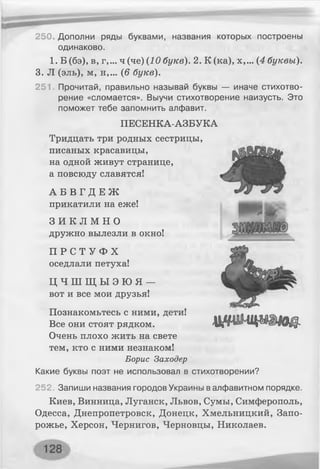 250. Дополни ряды буквами, названия которых построены
одинаково.
1. Б(бэ), в, г,... ч (че) (10 букв). 2. К (ка), х,... (4 буквы).
3. JI (эль), м, н,... (6 букв).
251. Прочитай, правильно называй буквы — иначе стихотво­
рение «сломается». Выучи стихотворение наизусть. Это
поможет тебе запомнить алфавит.
ПЕСЕНКА-АЗБУКА
Тридцать три родных сестрицы,
писаных красавицы,
на одной живут странице,
а повсюду славятся!
А Б В Г Д Е Ж
прикатили на еже!
З И К Л М Н О
дружно вылезли в окно!
П Р С Т У Ф Х
оседлали петуха!
ц ч ш щ ы э ю я —
вот и все мои друзья!
Познакомьтесь с ними, дети!
Все они стоят рядком.
Очень плохо жить на свете
тем, кто с ними незнаком!
Борис Заходер
Какие буквы поэт не использовал в стихотворении?
252. Запиши названия городов Украины в алфавитном порядке.
Киев, Винница, Луганск, Львов, Сумы, Симферополь,
Одесса, Днепропетровск, Донецк, Хмельницкий, Запо­
рожье, Херсон, Чернигов, Черновцы, Николаев.
щ т щ т т -
 