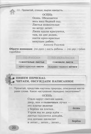 ОСЕНЬ
Осень. Обсыпается
весь наш бедный сад.
Листья пожелтелые
по ветру летят.
Лишь вдали красуются,
там, на дне долин,
кисти ярко-красные
вянущих рябин.
Алексей Толстой
Обрати внимание: (по-русс.) кисть рябины — (по-укр.) гроно
горобини.
ЗО. Прочитай, спиши, выучи наизусть.
ПО-РУССКИ ПО-УКРАЙНСКИ
пожелтелые листья пожовкле листя
ярко-красные кисти яскраво-червоні кетяги
ПИШЕМ ПЕРЕСКАЗ.
ЧИТАЕМ, ОБСУЖДАЕМ НАПИСАННОЕ
Прочитай, представь картины природы, описанные масте­
рами слова. Какое настроение передано писателями?
ОСЕНЬ
Стало вдруг светлее вдвое,
двор, как в солнечных лучах —
это платье золотое
у берёзы на плечах.
Утром мы во двор идём —
листья сыплются дождём,
под ногами шелестят
и летят... летят... летят...
осень
берёза
 