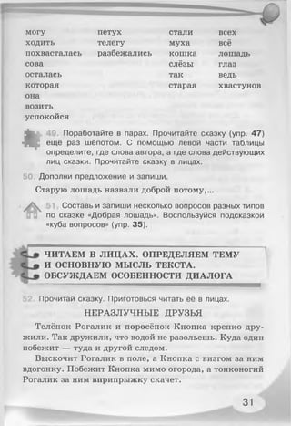 могу
ходить
похвасталась
сова
осталась
которая
она
возить
успокойся
петух
телегу
разбежались
стали
муха
кошка
слёзы
так
старая
всех
всё
лошадь
глаз
ведь
хвастунов
*
Поработайте в парах. Прочитайте сказку (упр. 47)
ещё раз шёпотом. С помощью левой части таблицы
определите, где слова автора, а где слова действующих
лиц сказки. Прочитайте сказку в лицах.
50. Дополни предложение и запиши.
Старую лошадь назвали доброй потому,,
Составь и запиши несколько вопросов разных типов
по сказке «Добрая лошадь». Воспользуйся подсказкой
«куба вопросов» (упр. 35).
ЧИТАЕМ В ЛИЦАХ. ОПРЕДЕЛЯЕМ ТЕМУ
И ОСНОВНУЮ МЫСЛЬ ТЕКСТА.
ОБСУЖДАЕМ ОСОБЕННОСТИ ДИАЛОГА
Прочитай сказку. Приготовься читать её в лицах.
НЕРАЗЛУЧНЫЕ ДРУЗЬЯ
Телёнок Рогалик и поросёнок Кнопка крепко дру­
жили. Так дружили, что водой не разольешь. Куда один
побежит — туда и другой следом.
Выскочит Рогалик в поле, а Кнопка с визгом за ним
вдогонку. Побежит Кнопка мимо огорода, а тонконогий
Рогалик за ним вприпрыжку скачет.
31
 