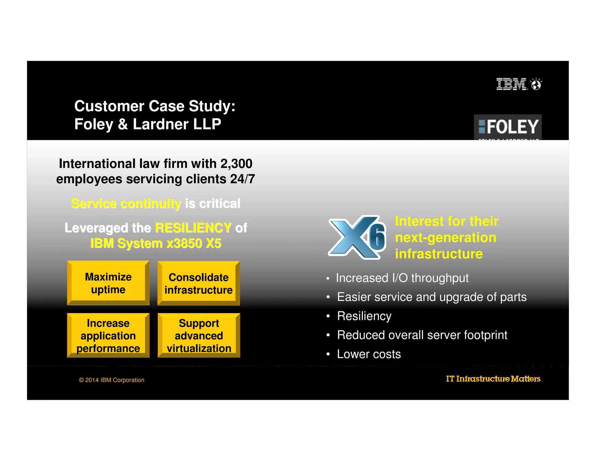 Customer Case Study:
Foley & Lardner LLP
International law firm with 2,300
employees servicing clients 24/7
Service continuity is critical

Interest for their
next-generation
infrastructure

Leveraged the RESILIENCY of
IBM System x3850 X5
Maximize
uptime

Consolidate
infrastructure

Increase
application
performance

Support
advanced
virtualization

© 2014 IBM Corporation

• Increased I/O throughput

• Easier service and upgrade of parts
• Resiliency
• Reduced overall server footprint
• Lower costs

 