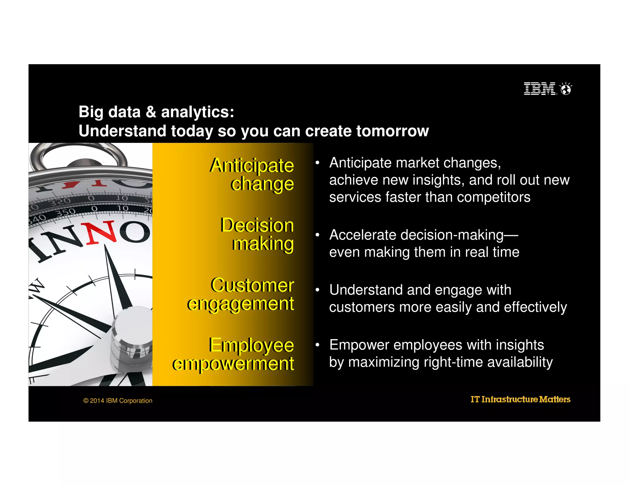 Big data & analytics:
Understand today so you can create tomorrow

Anticipate
change
Decision
making
Customer
engagement
Employee
empowerment
© 2014 IBM Corporation

• Anticipate market changes,
achieve new insights, and roll out new
services faster than competitors
• Accelerate decision-making—
even making them in real time
• Understand and engage with
customers more easily and effectively
• Empower employees with insights
by maximizing right-time availability

 