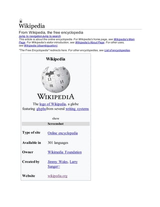 Wikipedia
From Wikipedia, the free encyclopedia
Jump to navigationJump to search
This article is about the online encyclopedia. For Wikipedia's home page, see Wikipedia's Main
Page. For Wikipedia's visitor introduction, see Wikipedia's About Page. For other uses,
see Wikipedia (disambiguation).
"The Free Encyclopedia" redirects here. For other encyclopedias, see List of encyclopedias.
Wikipedia
The logo of Wikipedia, a globe
featuring glyphsfrom several writing systems
show
Screenshot
Type of site Online encyclopedia
Available in 301 languages
Owner Wikimedia Foundation
Createdby Jimmy Wales, Larry
Sanger[1]
Website wikipedia.org
 