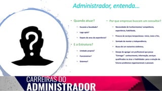 • Quando atuar?
• Durante a faculdade?
• Logo após?
• Depois de anos de experiência?
• E a Estrutura?
• Unidade propria?
• Funcionários?
• Sistemas?
Administrador, entenda...
• Por que empresas buscam um consultor?
• Necessidade de Conhecimento/ competência,
experiência, habilidade,
• Procura de serviços temporâneos- início, meio e fim,
• Vontade de manter a independência,
• Busca de um raciocínio sistêmico,
• Desejo de agregar um profissional que possa
“Entregar” conhecimento, informação, serviços
qualificados na área e habilidades para a solução de
futuros problemas organizacionais e pessoais
 