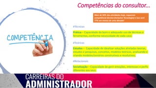Competências do consultor...
#Técnicas
#Teóricas
#Relacionais
Prática – Capacidade do bom e adequado uso de técnicas e
ferramentas, conforme necessidade de cada caso;
Estudos – Capacidade de idealizar soluções atreladas teorias,
estudos e pesquisas, conceitos, modelos teóricos, analisando e
criando modelos/cenários construtivos e resolutivos;
Socialização – Capacidade de gerir emoções, interesses e perfis
diferentes aos seus.
Mais de 50% das atividades hoje, requerem
competência técnica (Inclusive Tecnologia) e isso será
77% em menos de uma década!
 