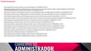 Fontes de pesquisa:
https://www.fm2s.com.br/consultoria-o-que-e/ (Consultado em 17/05/2019 às 02:07).
https://www.slideshare.net/ninocarvalho/como-ter-sucesso-na-carreira-de-consultoria-webinar-2018-11-29?qid=c02564ba-33aa-4f95-9140-
1b7876f135ae&v=&b=&from_search=1 (Consultado em 17/05/2019 às 01:25).
https://administradores.com.br/artigos/o-papel-do-consultor-facilitador-interno-nas-organizações (Consultado em 17/05/2019 às 01:17).
https://administradores.com.br/artigos/o-papel-do-consultor-facilitador-interno-nas-organizações (Consulta em: 16/05/2019 às 01:03).
https://laboratoriodaconsultoria.com.br/4-perguntas-que-quem-esta-iniciando-como-consultor/ (Consultado em às 01:11).
https://administradores.com.br/noticias/pesquisa-revela-o-perfil-as-empresas-de-consultoria-brasileiras (Consultado em 17/05/2019 às 01:51).
https://www.abco.org.br/artigos/109-como-esta-o-mercado-da-consultoria (consultado em 16/05/2019 às 22:55).
https://www.falconi.com/flcn_news/a-carreira-de-consultor/ (Consultado em 17/05/2019 às 01:17).
https://www.linkedin.com/pulse/quem-foi-peter-drucker-estevan-martin-portela (Consulta em: 19/05/2019 às 19:15).
https://www.circuitod.com.br/single-post/Frases-sobre-conhecimento-Alvin-Toffler (Consulta em: 19/05/2019 às 19:15).
https://administradores.com.br/noticias/mercado-de-consultoria-em-crescimento (Consulta em 19/05/2019 às 19:21).
https://www.napratica.org.br/trabalhar-em-consultoria-estrategica/ (Consulta em 17/05/2019 às 01:17).
https://youtu.be/IT_nRmeCjKc (Consulta em 17/05/2019 às 01:17).
https://www.youtube.com/watch?v=KBjXtL_tErM (Consulta em 17/05/2019 às 01:03).
https://www.youtube.com/watch?v=wBTebI6I228 (Consulta em 17/05/2019 às 01:03).
 