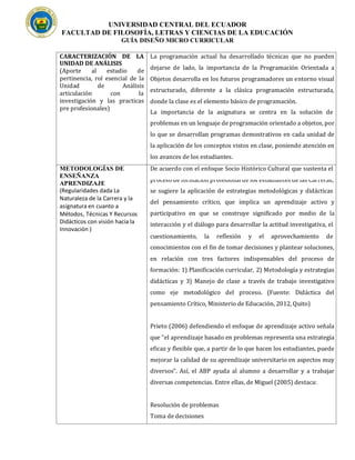 UNIVERSIDAD CENTRAL DEL ECUADOR
FACULTAD DE FILOSOFÍA, LETRAS Y CIENCIAS DE LA EDUCACIÓN
GUÍA DISEÑO MICRO CURRICULAR
CARACTERIZACIÓN DE LA La programación actual ha desarrollado técnicas que no pueden
dejarse de lado, la importancia de la Programación Orientada a
Objetos desarrolla en los futuros programadores un entorno visual
estructurado, diferente a la clásica programación estructurada,
donde la clase es el elemento básico de programación.
La importancia de la asignatura se centra en la solución de
problemas en un lenguaje de programación orientado a objetos, por
lo que se desarrollan programas demostrativos en cada unidad de
la aplicación de los conceptos vistos en clase, poniendo atención en
los avances de los estudiantes.
UNIDAD DE ANÁLISIS
(Aporte al estudio de
pertinencia, rol esencial de la
Unidad de Análisis
articulación con la
investigación y las practicas
pre profesionales)
METODOLOGÍAS DE De acuerdo con el enfoque Socio Histórico Cultural que sustenta el
ENSEÑANZA
APRENDIZAJE
proceso de formación profesional de los estudiantes de las Carreras,
(Regularidades dada La
Naturaleza de la Carrera y la
asignatura en cuanto a
Métodos, Técnicas Y Recursos
Didácticos con visión hacia la
Innovación )
se sugiere la aplicación de estrategias metodológicas y didácticas
del pensamiento crítico, que implica un aprendizaje activo y
participativo en que se construye significado por medio de la
interacción y el diálogo para desarrollar la actitud investigativa, el
cuestionamiento, la reflexión y el aprovechamiento de
conocimientos con el fin de tomar decisiones y plantear soluciones,
en relación con tres factores indispensables del proceso de
formación: 1) Planificación curricular, 2) Metodología y estrategias
didácticas y 3) Manejo de clase a través de trabajo investigativo
como eje metodológico del proceso. (Fuente: Didáctica del
pensamiento Crítico, Ministerio de Educación, 2012, Quito)
Prieto (2006) defendiendo el enfoque de aprendizaje activo señala
que “el aprendizaje basado en problemas representa una estrategia
eficaz y flexible que, a partir de lo que hacen los estudiantes, puede
mejorar la calidad de su aprendizaje universitario en aspectos muy
diversos”. Así, el ABP ayuda al alumno a desarrollar y a trabajar
diversas competencias. Entre ellas, de Miguel (2005) destaca:
Resolución de problemas
Toma de decisiones
 