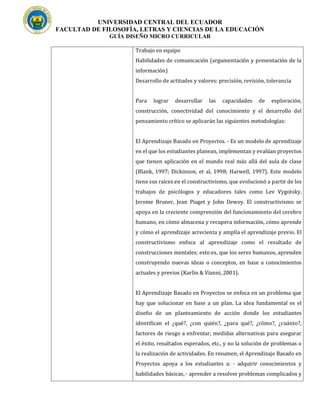 UNIVERSIDAD CENTRAL DEL ECUADOR
FACULTAD DE FILOSOFÍA, LETRAS Y CIENCIAS DE LA EDUCACIÓN
GUÍA DISEÑO MICRO CURRICULAR
Trabajo en equipo
Habilidades de comunicación (argumentación y presentación de la
información)
Desarrollo de actitudes y valores: precisión, revisión, tolerancia
Para lograr desarrollar las capacidades de exploración,
construcción, conectividad del conocimiento y el desarrollo del
pensamiento crítico se aplicarán las siguientes metodologías:
El Aprendizaje Basado en Proyectos. - Es un modelo de aprendizaje
en el que los estudiantes planean, implementan y evalúan proyectos
que tienen aplicación en el mundo real más allá del aula de clase
(Blank, 1997; Dickinson, et al, 1998; Harwell, 1997). Este modelo
tiene sus raíces en el constructivismo, que evolucionó a partir de los
trabajos de psicólogos y educadores tales como Lev Vygotsky,
Jerome Bruner, Jean Piaget y John Dewey. El constructivismo se
apoya en la creciente comprensión del funcionamiento del cerebro
humano, en cómo almacena y recupera información, cómo aprende
y cómo el aprendizaje acrecienta y amplía el aprendizaje previo. El
constructivismo enfoca al aprendizaje como el resultado de
construcciones mentales; esto es, que los seres humanos, aprenden
construyendo nuevas ideas o conceptos, en base a conocimientos
actuales y previos (Karlin & Vianni, 2001).
El Aprendizaje Basado en Proyectos se enfoca en un problema que
hay que solucionar en base a un plan. La idea fundamental es el
diseño de un planteamiento de acción donde los estudiantes
identifican el ¿qué?, ¿con quién?, ¿para qué?, ¿cómo?, ¿cuánto?,
factores de riesgo a enfrentar, medidas alternativas para asegurar
el éxito, resultados esperados, etc., y no la solución de problemas o
la realización de actividades. En resumen, el Aprendizaje Basado en
Proyectos apoya a los estudiantes a: · adquirir conocimientos y
habilidades básicas, · aprender a resolver problemas complicados y
 