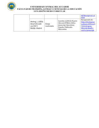 UNIVERSIDAD CENTRAL DEL ECUADOR
FACULTAD DE FILOSOFÍA, LETRAS Y CIENCIAS DE LA EDUCACIÓN
GUÍA DISEÑO MICRO CURRICULAR
007&script=sci_ar
ttext
Gauchat, J.(2012) El gran
libro de HTML5, CSS3 y
Javascript. Barcelona,
España. Publicado:
Marcombo.
Recuperado de:
Welling, L. (2003) http://bvirtual.uc
Desarrollo web Anaya e.edu.ec:2341/a/1
con PHP Y multimedia 7121/el-gran-
MySQL. Madrid: libro-de-html5--
css3-y-javascript
 