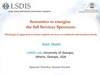Semantics to energize
                  the full Services Spectrum:
Ontological approach to better exploit services at technical and business levels


                                Amit Sheth

                   LSDIS Lab, University of Georgia,
                        Athens, Georgia, UGA


                     Special Thanks: Kunal Verma
 