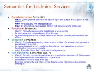 Semantics for Technical Services
 • Data/Information Semantics
   –   What: (Semi-)Formal definition of data in input and output messages of a web
       service
   –   Why: for discovery and interoperability
   –   How: by annotating input/output data of web services using ontologies
 • Functional Semantics
   –   (Semi-) Formally representing capabilities of web service
   –   for discovery and composition of Web Services
   –   by annotating operations of Web Services as well as provide preconditions and
       effects
 • Execution Semantics
   –   (Semi-) Formally representing the execution or flow of a services in a process or
       operations in a service
   –   for analysis (verification), validation (simulation) and execution (exception
       handling) of the process models
   –   using State Machines, Petri nets, activity diagrams etc.
 • Non Functional Semantics (WS-*)
   –   (Semi-) formally represent qualitative and quantitative measures of Web process
   –   Non- Quantitative includes security, transactions
   –   Quantitative includes cost, time etc.
   –   Business constraints and inter service dependencies (Domain and application
       ontologies)
 