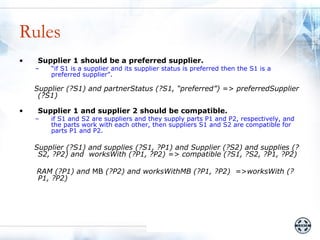 Rules
•    Supplier 1 should be a preferred supplier.
    –   “if S1 is a supplier and its supplier status is preferred then the S1 is a
        preferred supplier”.

    Supplier (?S1) and partnerStatus (?S1, “preferred”) => preferredSupplier
     (?S1)

•    Supplier 1 and supplier 2 should be compatible.
    –   if S1 and S2 are suppliers and they supply parts P1 and P2, respectively, and
        the parts work with each other, then suppliers S1 and S2 are compatible for
        parts P1 and P2.

    Supplier (?S1) and supplies (?S1, ?P1) and Supplier (?S2) and supplies (?
     S2, ?P2) and worksWith (?P1, ?P2) => compatible (?S1, ?S2, ?P1, ?P2)

    RAM (?P1) and MB (?P2) and worksWithMB (?P1, ?P2) =>worksWith (?
    P1, ?P2)
 