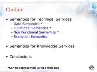 Outline
• Semantics for Technical Services
  –   Data Semantics *
  –   Functional Semantics *
  –   Non Functional Semantics *
  –   Execution Semantics


• Semantics for Knowledge Services

• Conclusions

*Can be represented using ontologies
 