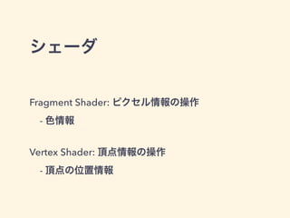 シェーダ
Fragment Shader: ピクセル情報の操作
- 色情報
Vertex Shader: 頂点情報の操作
- 頂点の位置情報
 