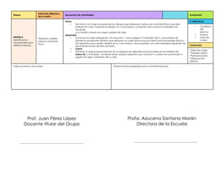 Prof. Juan Pérez López
Docente titular del Grupo
Profa. Azucena Santana Morán
Directora de la Escuela
Etapas
Intención didáctica
de la sesión
Secuencia de actividades Evaluación
SESIÓN 4
Identificamos
necesidades para
definir el servicio
*Elaborar carteles
sobre la actividad
física.
Inicio:
• Dar inicio a la clase recuperando los dibujos que elaboraron sobre una actividad física que ellos
realicen en casa. Presentar el dibujo a tu comunidad y comentar cómo estas actividades han
ayudado
a su familia a tener una mejor calidad de vida.
Desarrollo:
• Continuar la clase trabajando con el punto 11 de la página 313 del libro de P. comunitarios en
donde los estudiantes tendrán que elaborar un cartel que incluya al menos tres actividades físicas o
tres deportes que pueden realizar en la comunidad y que propicien una vida saludable siguiendo las
recomendaciones del libro de texto.
• Cierre:
• Terminar la clase proporcionando el crucigrama de deportes que se localiza en el material del
anexo 26, y al finalziar, conversar sobre aquelos deportes que conocen y cuáles han practicado o
jugado en algún momento de su vida.
R. Didácticos
• Cuaderno
del
alumno.
• Anexos
• Listas de
cotejo
Evaluación
*Listas de cotejo
*Trabajos diarios
*Participaciones
*Observación
directa.
Adecuaciones curriculares: Observaciones realizadas por la autoridad escolar:
 