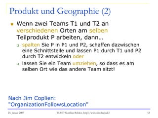 25. Januar 2007 © 2007 Matthias Bohlen, http://www.mbohlen.de/ 53
Produkt und Geographie (2)
Wenn zwei Teams T1 und T2 an
verschiedenen Orten am selben
Teilprodukt P arbeiten, dann…
spalten Sie P in P1 und P2, schaffen dazwischen
eine Schnittstelle und lassen P1 durch T1 und P2
durch T2 entwickeln oder
lassen Sie ein Team umziehen, so dass es am
selben Ort wie das andere Team sitzt!
Nach Jim Coplien:
"OrganizationFollowsLocation"
 