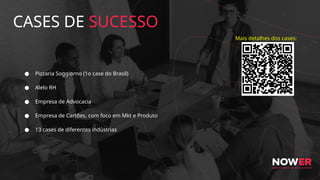 CASES DE SUCESSO
● Pizzaria Soggiorno (1o case do Brasil)
● Alelo RH
● Empresa de Advocacia
● Empresa de Cartões, com foco em Mkt e Produto
● 13 cases de diferentes indústrias
Mais detalhes dos cases:
 
