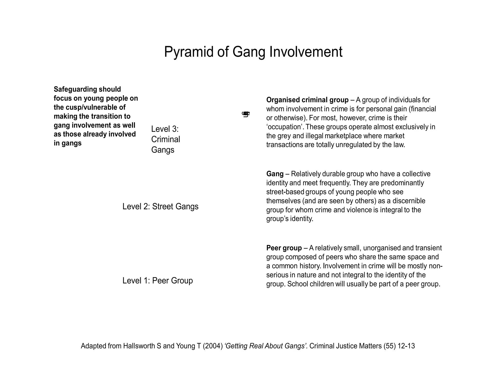 Safeguarding should 
focus on young people on 
the cusp/vulnerable of 
making the transition to 
gang involvement as well 
as those already involved 
in gangs 
Pyramid of Gang Involvement 
Level 3: 
Criminal 
Gangs 
Level 2: Street Gangs 
Level 1: Peer Group 
Organised criminal group – A group of individuals for 
whom involvement in crime is for personal gain (financial 
or otherwise). For most, however, crime is their 
‘occupation’. These groups operate almost exclusively in 
the grey and illegal marketplace where market 
transactions are totally unregulated by the law. 
Increasing crime violence and risk of harm 
Gang – Relatively durable group who have a collective 
identity and meet frequently. They are predominantly 
street-based groups of young people who see 
themselves (and are seen by others) as a discernible 
group for whom crime and violence is integral to the 
group’s identity. 
Peer group – A relatively small, unorganised and transient 
group composed of peers who share the same space and 
a common history. Involvement in crime will be mostly non-serious 
in nature and not integral to the identity of the 
group. School children will usually be part of a peer group. 
Adapted from Hallsworth S and Young T (2004) ‘Getting Real About Gangs’. Criminal Justice Matters (55) 12-13 
 