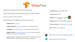 https://twitter.com/tensorflow
https://github.com/tensorflow/tensorflow
- Open-source software library for machine learning
- System for building, training and serving neural network models
- Can run on CPUs, GPUs and TPUs
- Developed by the Google Brain team for internal use:
- Google Search (RankBrain)
- Image Classification (Inception architecture for ImageNet 2014)
- SmartReply (Deep LSTM model to auto-generate email responses)
- Google Translate (On-Device Computer Vision for Optical Character
Recognition for real time translations)
- Drug Discovery (in collaboration with Stanford University; deep neural
network model for identifying promising drug candidates)
Initial Release: November 2015
License: Apache 2.0
Written in: C++, Python, CUDA
Platforms: Linux, macOS, Win, Android
Current version: 1.7.0 (March 27, 2018)
APIs: Python, C++, Java, Go
~ 1 million LOC
 