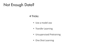 Not Enough Data?
4 Tricks:
• Use a model zoo
• Transfer Learning
• Unsupervised Pretraining
• One Shot Learning
 