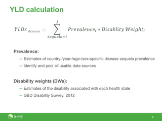 4
YLD calculation
Prevalence:
─ Estimates of country-/year-/age-/sex-specific disease sequela prevalence
─ Identify and pool all usable data sources
Disability weights (DWs):
─ Estimates of the disability associated with each health state
─ GBD Disability Survey, 2012
 