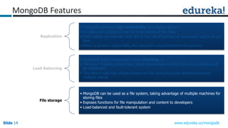 Slide 14Slide 14Slide 14 www.edureka.co/mongodb
Replication
• MongoDB provides high availability with replica sets i.e.
• A replica set consists of two or more copies of the data
• Each replica set member may act in the role of primary or secondary replica at any
time
• When a primary replica fails, the secondary should become the primary
Load Balancing
• MongoDB scales horizontally using sharding i.e.
• The user chooses a shard key, which determines how the data in a collection will
be distributed
• The data is split into ranges (based on the shard key) and distributed across
multiple shards
File storage
• MongoDB can be used as a file system, taking advantage of multiple machines for
storing files
• Exposes functions for file manipulation and content to developers
• Load-balanced and fault-tolerant system
MongoDB Features
 