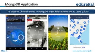 Slide 21Slide 21Slide 21 www.edureka.co/mongodb
The Weather Channel turned to MongoDB to get killer features out to users quickly
MongoDB Application
 