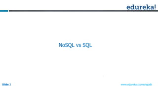 Slide 3Slide 3Slide 3 www.edureka.co/mongodb
NoSQL vs SQL
 