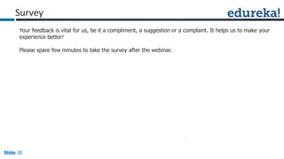 Slide 30
Your feedback is vital for us, be it a compliment, a suggestion or a complaint. It helps us to make your
experience better!
Please spare few minutes to take the survey after the webinar.
Survey
 