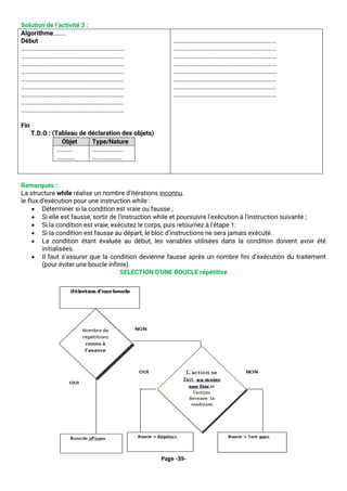 Page -39-
Solution de l’activité 3 :
Algorithme………
Début
………………………………………………………………
………………………………………………………………
………………………………………………………………
………………………………………………………………
………………………………………………………………
………………………………………………………………
………………………………………………………………
………………………………………………………………
………………………………………………………………
Fin
T.D.O : (Tableau de déclaration des objets)
Objet Type/Nature
………..
………….
………………….
…………………
………………………………………………………………
………………………………………………………………
………………………………………………………………
………………………………………………………………
………………………………………………………………
………………………………………………………………
………………………………………………………………
………………………………………………………………
Remarques :
La structure while réalise un nombre d’itérations inconnu.
le flux d'exécution pour une instruction while :
• Déterminer si la condition est vraie ou fausse ;
• Si elle est fausse, sortir de l'instruction while et poursuivre l'exécution à l'instruction suivante ;
• Si la condition est vraie, exécutez le corps, puis retournez à l'étape 1.
• Si la condition est fausse au départ, le bloc d’instructions ne sera jamais exécuté.
• La condition étant évaluée au début, les variables utilisées dans la condition doivent avoir été
initialisées.
• Il faut s’assurer que la condition devienne fausse après un nombre fini d’exécution du traitement
(pour éviter une boucle infinie).
SELECTION D'UNE BOUCLE répétitive
 