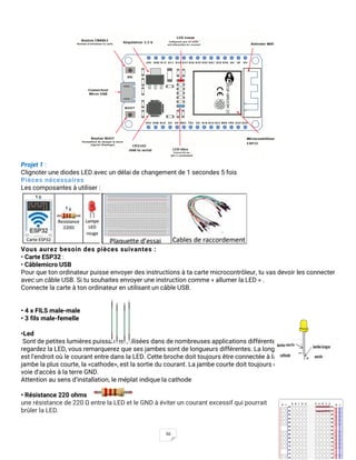 56
Projet 1 :
Clignoter une diodes LED avec un délai de changement de 1 secondes 5 fois
Pièces nécessaires
Les composantes à utiliser :
Vous aurez besoin des pièces suivantes :
• Carte ESP32 :
• Câblemicro USB
Pour que ton ordinateur puisse envoyer des instructions à ta carte microcontrôleur, tu vas devoir les connecter
avec un câble USB. Si tu souhaites envoyer une instruction comme « allumer la LED » .
Connecte la carte à ton ordinateur en utilisant un câble USB.
• 4 x FILS male-male
• 3 fils male-femelle
•Led
Sont de petites lumières puissantes utilisées dans de nombreuses applications différentes. Lorsque vous
regardez la LED, vous remarquerez que ses jambes sont de longueurs différentes. La longue jambe, l '«anode»,
est l'endroit où le courant entre dans la LED. Cette broche doit toujours être connectée à la source actuelle. La
jambe la plus courte, la «cathode», est la sortie du courant. La jambe courte doit toujours être connectée à une
voie d'accès à la terre GND.
Attention au sens d’installation, le méplat indique la cathode
• Résistance 220 ohms
une résistance de 220 Ω entre la LED et le GND à éviter un courant excessif qui pourrait
brûler la LED.
 