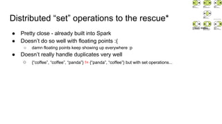 Distributed “set” operations to the rescue*
● Pretty close - already built into Spark
● Doesn’t do so well with floating p...