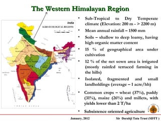 The Western Himalayan Region
                •   Sub-Tropical to Dry Temperate
                    climate (Elevation: 200 m - > 2200 m)
                •   Mean annual rainfall – 1500 mm
                •   Soils – shallow to deep loamy, having
                    high organic matter content
                •   15 % of geographical area under
                    cultivation
                •   12 % of the net sown area is irrigated
                    (mostly rainfed terraced farming in
                    the hills)
                •   Isolated, fragmented and small
                    landholdings (average – 1 acre/hh)
                •   Common crops – wheat (37%), paddy
                    (31%), maize (26%) and millets, with
                    yields lower than 2 T/ha
                •   Subsistence oriented agriculture
           January, 2012            Sir Dorabji Tata Trust (SDTT )
 
