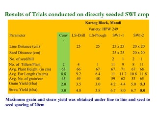 Results of Trials conducted on directly seeded SWI crop
                                               Karsog Block, Mandi
                                                Variety: HPW 249
 Parameter                   Conv   LS-Drill     LS-Plough    SWI -1      SWI-2
                               .
 Line Distance (cm)                   25            25        25 x 25     20 x 20
 Seed Distance (cm)                                           25 x 25     20 x 20
 No. of seed/hill                                             2      1    2 1
 No. of Tillers/Plant         2        4             1       11      9    8 11
 Avg. Plant Height (in cm)   63       66            67       67     71   67 68
 Avg. Ear Length (in cm)     8.8      9.2           8.4      11    11.2 10.8 11.8
 Avg. No .of grain/ear       45       49            48       59     62   53 65
 Grain Yield (t/ha)          2.0      3.5           3.0      4.2    4.4 5.0 5.3
 Straw Yield (t/ha)          3.0      4.8           3.8      6.7   8.0   6.7   8.0

Maximum grain and straw yield was obtained under line to line and seed to
seed spacing of 20cm
 