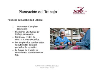 Planeación del Trabajo
Políticas de Estabilidad Laboral

    1.      Mantener el empleo
            constante.
    –    Mantener una fuerza de
         trabajo entrenada.
    –    Minimizar costos de
         contratación y despidos.
    –    Los empleados pueden estar
         subutilizados durante
         periodos de recesión.
    –    La fuerza de trabajo es
         considerada como un costo
         fijo.



                           SUPPLY CHAIN MANAGEMENT UDLA
                                Darwin Enrique Álvarez
 