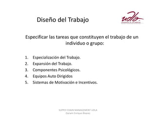 Diseño del Trabajo

Especificar las tareas que constituyen el trabajo de un
                    individuo o grupo:

1.   Especialización del Trabajo.
2.   Expansión del Trabajo.
3.   Componentes Psicológicos.
4.   Equipos Auto Dirigidos
5.   Sistemas de Motivación e Incentivos.




                   SUPPLY CHAIN MANAGEMENT UDLA
                        Darwin Enrique Álvarez
 