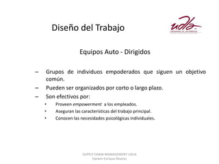Diseño del Trabajo

                    Equipos Auto - Dirigidos

–   Grupos de individuos empoderados que siguen un objetivo
    común.
–   Pueden ser organizados por corto o largo plazo.
–   Son efectivos por:
    •   Proveen empowerment a los empleados.
    •   Aseguran las caracteristicas del trabajo principal.
    •   Conocen las necesidades psicológicas individuales.




                     SUPPLY CHAIN MANAGEMENT UDLA
                          Darwin Enrique Álvarez
 