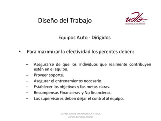Diseño del Trabajo

                    Equipos Auto - Dirigidos

•   Para maximixar la efectividad los gerentes deben:

    –   Asegurarse de que los individuos que realmente contribuyen
        estén en el equipo.
    –   Proveer soporte.
    –   Asegurar el entrenamiento necesario.
    –   Establecer los objetivos y las metas claras.
    –   Recompensas Financieras y No financieras.
    –   Los supervisores deben dejar el control al equipo.


                     SUPPLY CHAIN MANAGEMENT UDLA
                          Darwin Enrique Álvarez
 