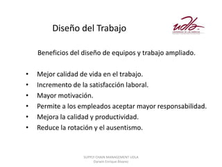 Diseño del Trabajo

    Beneficios del diseño de equipos y trabajo ampliado.

•   Mejor calidad de vida en el trabajo.
•   Incremento de la satisfacción laboral.
•   Mayor motivación.
•   Permite a los empleados aceptar mayor responsabilidad.
•   Mejora la calidad y productividad.
•   Reduce la rotación y el ausentismo.


                   SUPPLY CHAIN MANAGEMENT UDLA
                        Darwin Enrique Álvarez
 
