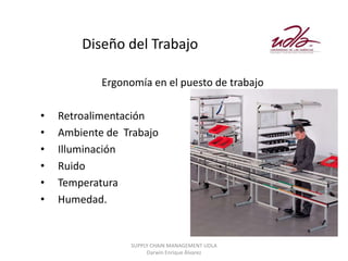 Diseño del Trabajo

            Ergonomía en el puesto de trabajo

•   Retroalimentación
•   Ambiente de Trabajo
•   Illuminación
•   Ruido
•   Temperatura
•   Humedad.


                 SUPPLY CHAIN MANAGEMENT UDLA
                      Darwin Enrique Álvarez
 