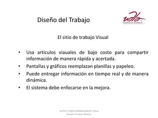 Diseño del Trabajo

                 El sitio de trabajo Visual

•   Usa artículos viauales de bajo costo para compartir
    información de manera rápida y acertada.
•   Pantallas y gráficos reemplazan planillas y papeleo.
•   Puede entregar información en tiempo real y de manera
    dinámica.
•   El sistema debe enfocarse en la mejora.



                  SUPPLY CHAIN MANAGEMENT UDLA
                       Darwin Enrique Álvarez
 