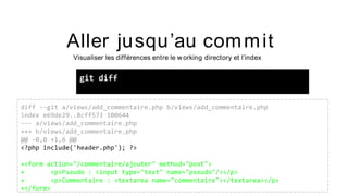 Aller jusqu’au commit
Visualiser les différences entre le working directory et l’index
git diff
diff --git a/views/add_commentaire.php b/views/add_commentaire.php
index e69de29..8cff573 100644
--- a/views/add_commentaire.php
+++ b/views/add_commentaire.php
@@ -0,0 +1,6 @@
<?php include('header.php'); ?>
+<form action="/commentaire/ajouter" method="post">
+ <p>Pseudo : <input type="text" name="pseudo"/></p>
+ <p>Commentaire : <textarea name="commentaire"></textarea></p>
+</form>
 