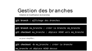 Gestion des br anches
Création et modification de branches
git branch : affichage des branches
git branch ma_branche : créer la branche ma_branche
git checkout ma_branche : déplace HEAD vers ma_branche
git checkout -b ma_branche : créer la branche
ma_branche et déplace HEAD dessus
ou pour simplifier...
 