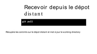 Recevoir depuis le dépot
dis tan t
git pull
Récupère les commits sur le dépot distant et met à jour le working directory
 