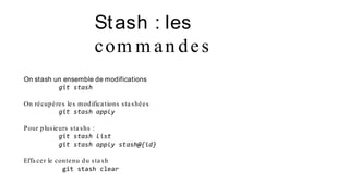 Stash : les
com m an des
On stash un ensemble de modifications
git stash
On récupères les modifica tions sta shées
git stash apply
Pour plusieurs sta shs :
git stash list
git stash apply stash@{id}
Effa cer le contenu du sta sh
git stash clear
 